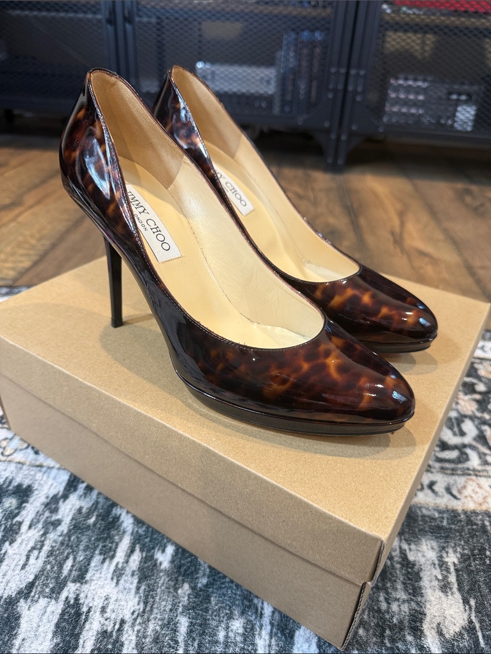 JIMMY CHOO Gilbert Tortoiseshell Patent Leather Pointed-Toe Pumps